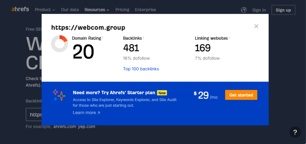 скриншот Domain Rating DR Ahrefs - проверка авторитетности - качество обратных ссылок - проверка бэклинков