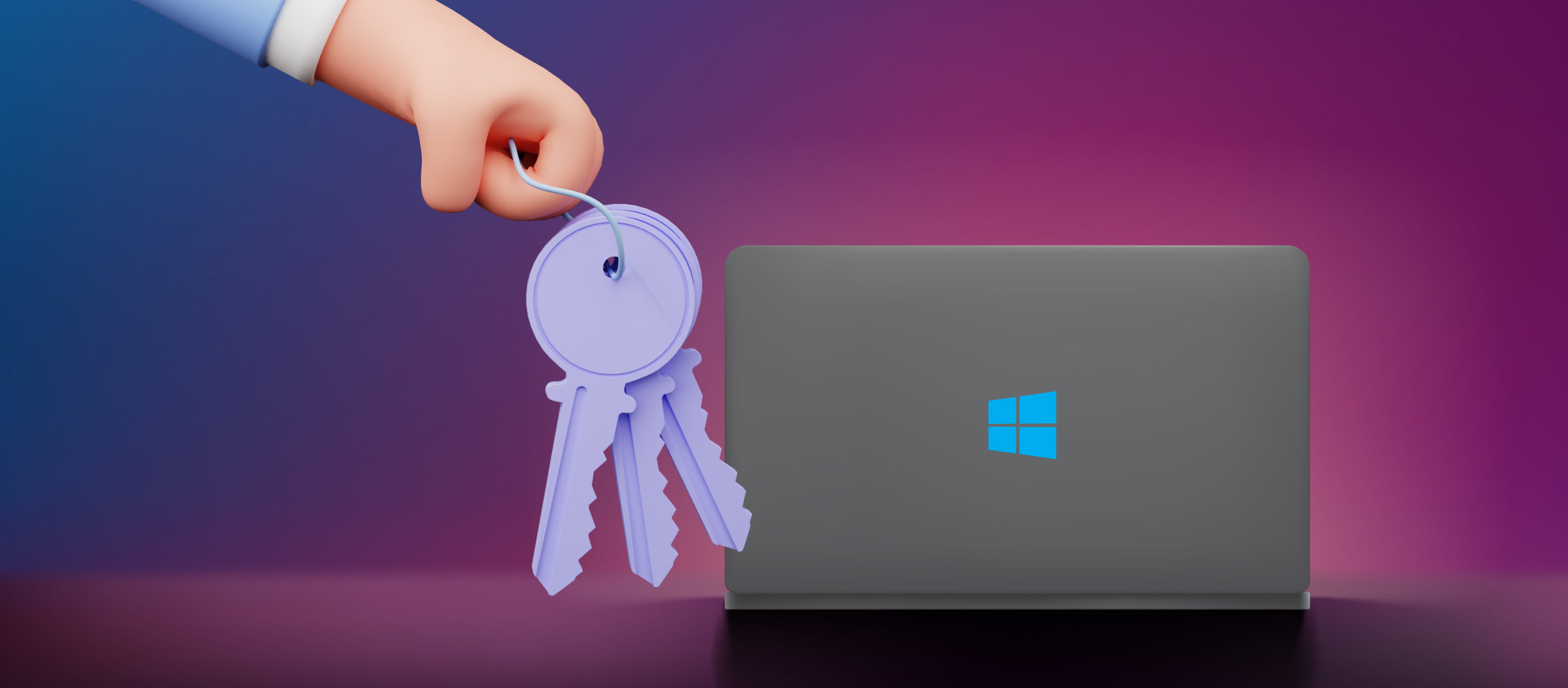 3D иллюстрация руки с ключами на фоне компьютера с логотипом Windows - обложка для блога MANUFACT PRO