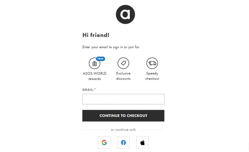 скриншот - вход и регистрация на asos