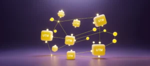 3D-иконки с надписью UTM соединены линиями в единую сеть - визуализация системы UTM-меток в маркетинге — blog.manufact.pro