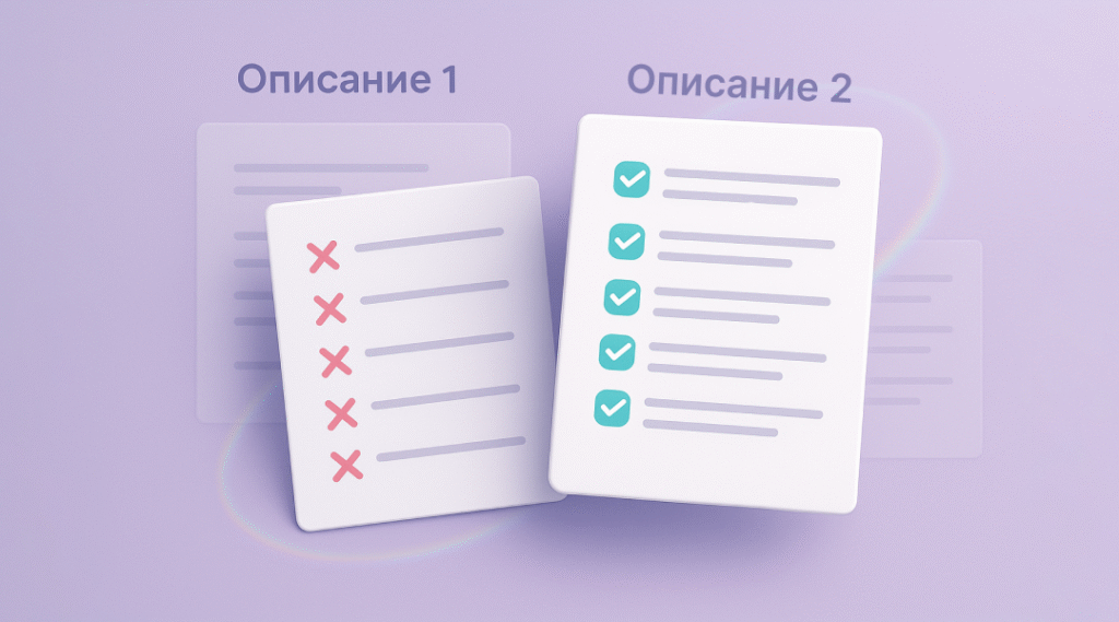Два листа с чек-листами — слева пустые строки с крестиками, справа заполненный список с галочками — сравнение чернового и проработанного описания товара - manufact pro blog