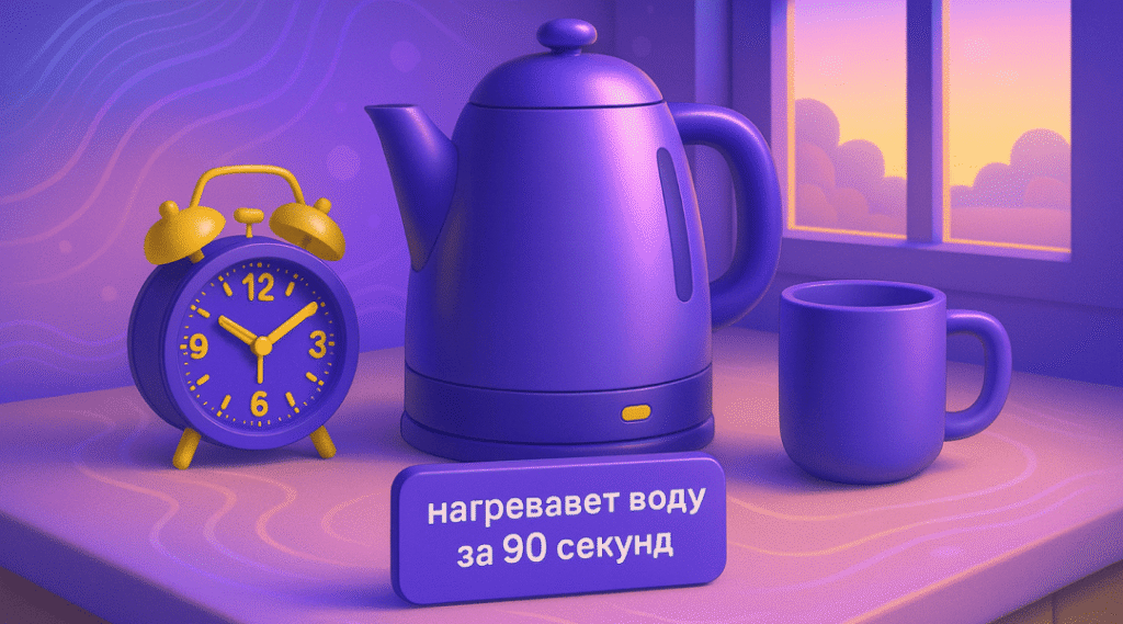 Утренняя кухня без людей — чайник, будильник и кружка у окна — карточка с характеристикой «нагревает воду за 90 секунд» на переднем плане — визуализация пользы товара в бытовой сцене — manufact pro