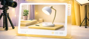 Фотостудия для предметной съемки — камера на штативе — стол с лампой и реквизитом — интерфейс кадра на прозрачном экране