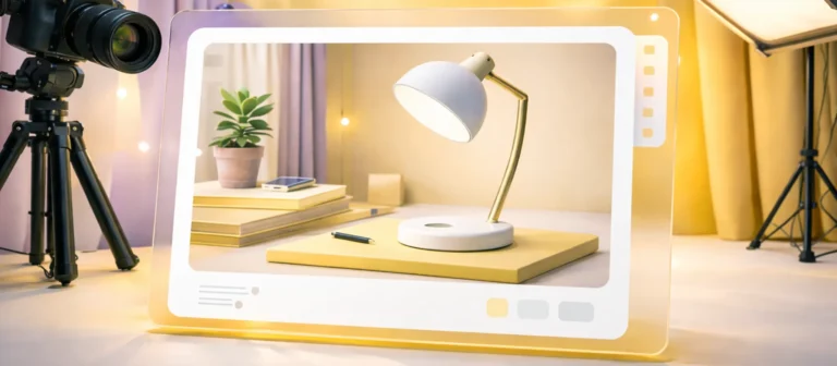 Фотостудия для предметной съемки — камера на штативе — стол с лампой и реквизитом — интерфейс кадра на прозрачном экране