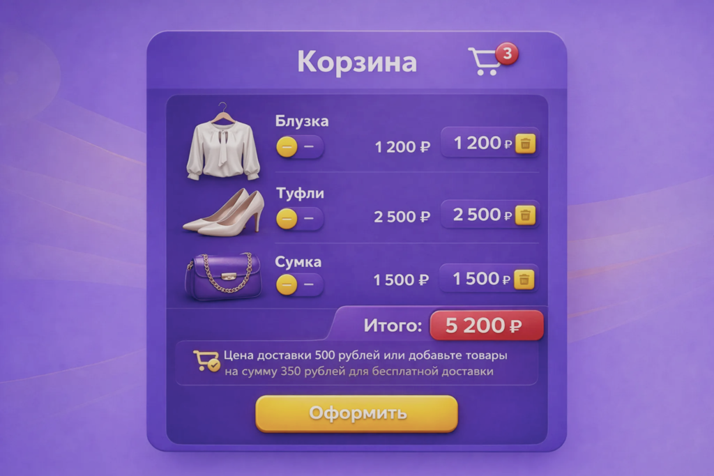 Интерфейс - корзина магазина на фиолетовом фоне - блузка туфли и сумка - цена доставки