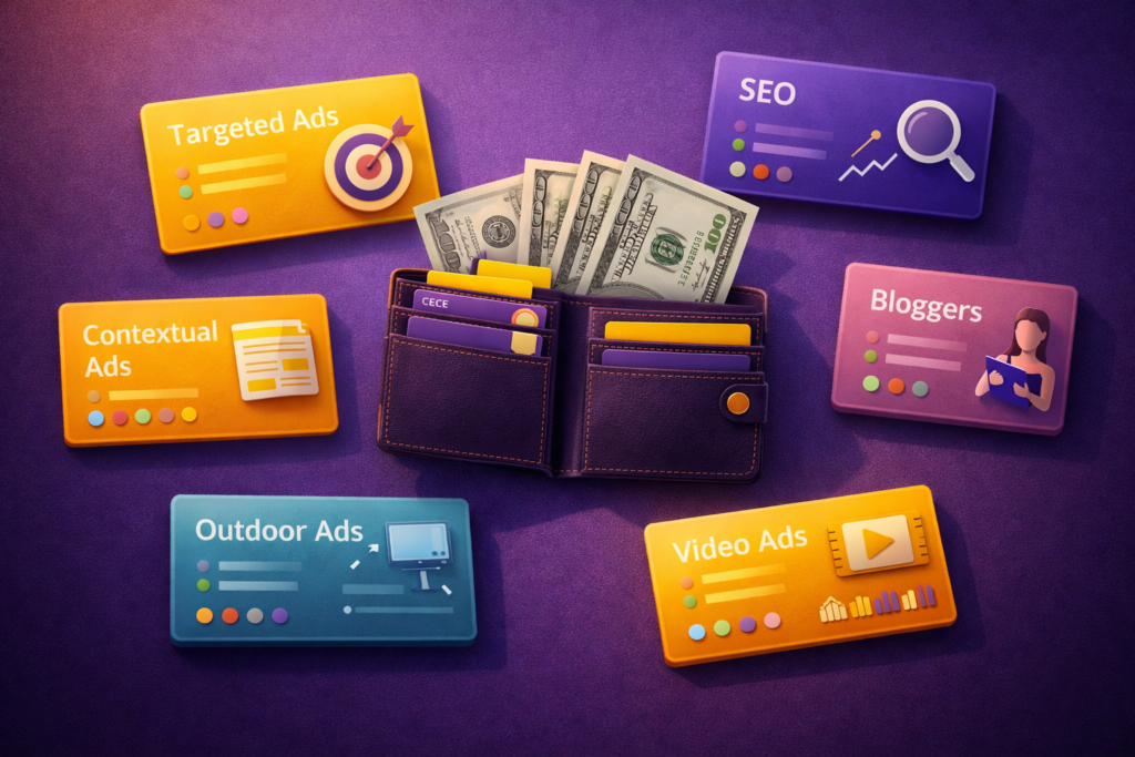 Кошелек и карточки рекламных каналов - таргет - CEO - контекст - блогеры - видео - наружная реклама
