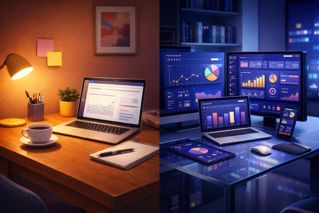 фрилансерский рабочий стол и корпоративный офис с аналитикой