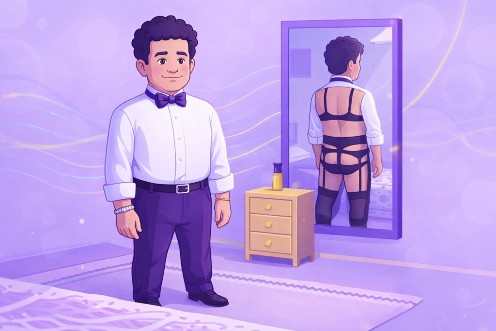Самые распространённые ошибки при разработке интернет-магазина - мужчина в рубашке и бабочке стоит перед зеркалом - отражение показывает контрастный образ - пародия на мем - blog.manufact.pro