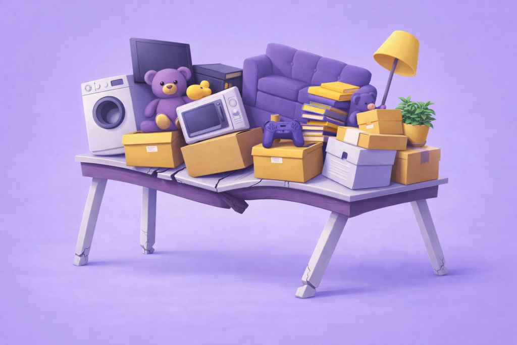 самые распространённые ошибки при разработке интернет-магазина - перегруженный прилавок магазина - мебель и бытовая техника на сломанном столе - blog.manufact.pro