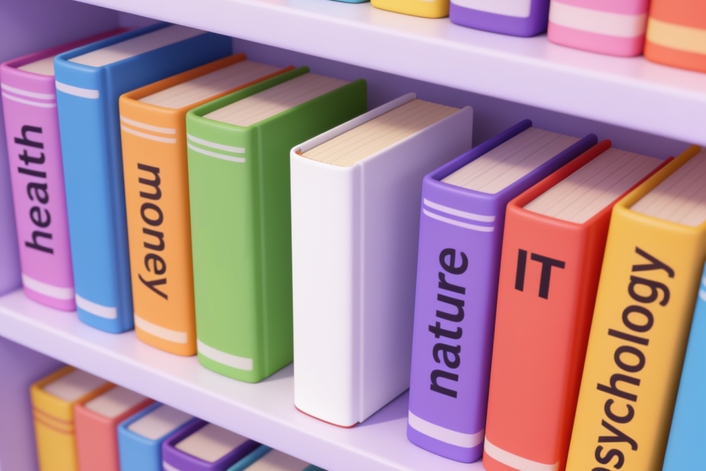 сайт своими руками без SEO - изображение для блога - множество разноцветных книг с названиями на книжной полке и одна книга белая без названия - blog.manufact.pro