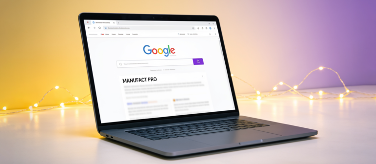 сайт своими руками без SEO - изображение для блога - рабочий стол с ноутбуком и гирлянда на фоне - результаты поиска google - blog.manufact.pro