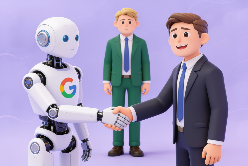 сайт своими руками без SEO - изображение для блога - счастливый бизнесмен жмет руку роботу - на фоне стоит несчастный бизнесмен - работа с поисковыми системами - blog.manufact.pro